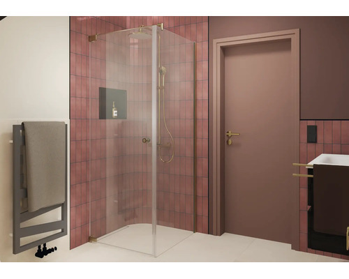 Douche d'angle moderne avec porte vitrée et système de douche devant un mur carrelé dans une salle de bain