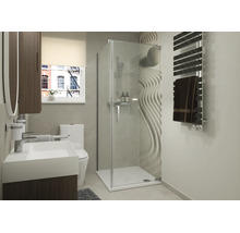 Salle de bain moderne avec cabine de douche carrée en verre, lavabo, toilettes et sèche-serviettes dans un design clair et contemporain.