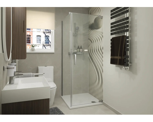 Salle de bain moderne avec cabine de douche carrée en verre, lavabo, toilettes et sèche-serviettes dans un design clair et contemporain.