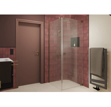 Douche d angle moderne avec paroi en verre devant un mur carrelé dans une salle de bain élégante avec porte et radiateur sèche serviettes.