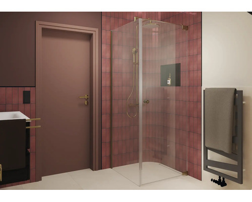 Douche d angle moderne avec paroi en verre devant un mur carrelé dans une salle de bain élégante avec porte et radiateur sèche serviettes.