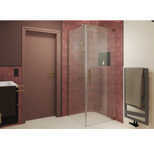 Cabine de douche moderne avec paroi d angle en verre et robinetterie en métal dans une salle de bain carrelée avec lavabo et sèche serviettes.
