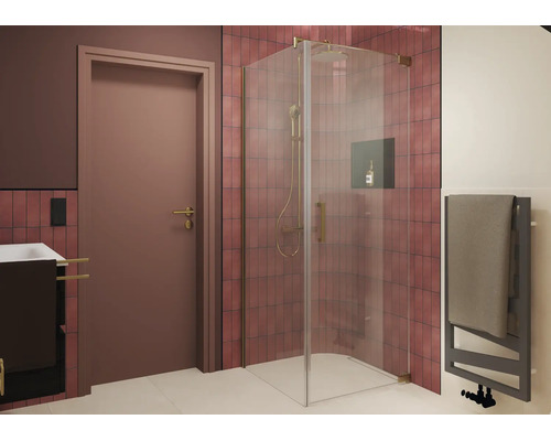 Cabine de douche moderne avec paroi d angle en verre et robinetterie en métal dans une salle de bain carrelée avec lavabo et sèche serviettes.
