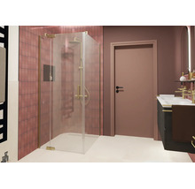 Salle de bain moderne avec douche d'angle, paroi de douche en verre transparent avec profilés métalliques, douche de tête et meuble vasque.
