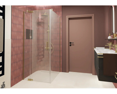 Salle de bain moderne avec douche d'angle, paroi de douche en verre transparent avec profilés métalliques, douche de tête et meuble vasque.