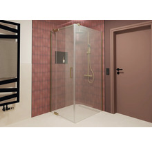 Douche d'angle moderne avec parois en verre, ferrures et robinetterie en laiton dans une salle de bain aux carreaux rouges.