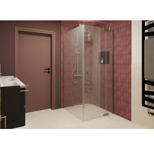 Douche d angle moderne avec verre véritable et profilés métalliques dans une salle de bain aux carrelages et robinetteries rouges.