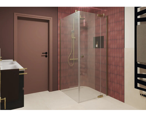 Douche d angle moderne avec verre véritable et profilés métalliques dans une salle de bain aux carrelages et robinetteries rouges.