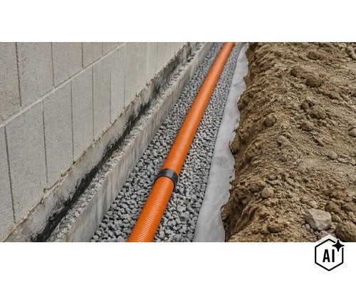Ein Drainagerohr in einem mit Kies gefüllten Graben entlang einer Hauswand zur fachgerechten Entwässerung des Gebäudefundaments. (Image AI modified or generated)