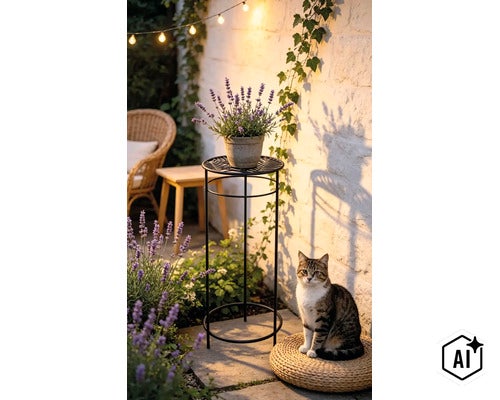 Gartenszene mit einem metallenen Pflanzenständer mit Lavendel vor einer Natursteinmauer und einer Katze, die auf einem Sitzkissen sitzt. (Image AI modified or generated)