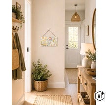 Plaque murale avec inscription et dessins d enfant dans un couloir lumineux et accueillant, aménagé avec des meubles en bois et de la décoration. (Image AI modified or generated)