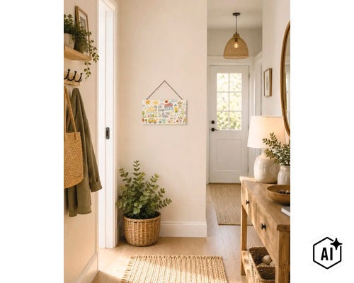 Plaque murale avec inscription et dessins d enfant dans un couloir lumineux et accueillant, aménagé avec des meubles en bois et de la décoration. (Image AI modified or generated)