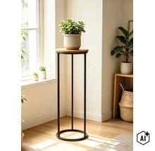 Porte-plante rond avec plateau en bois et structure en métal noir dans un espace de vie lumineux avec des plantes. (Image AI modified or generated)