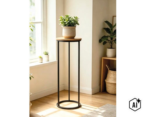 Porte-plante rond avec plateau en bois et structure en métal noir dans un espace de vie lumineux avec des plantes. (Image AI modified or generated)