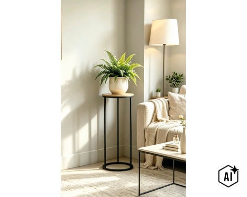 Un porte-plante moderne en métal avec un plateau rond en bois, décoré d'une fougère dans un pot en terre cuite, dans un salon chaleureux. (Image AI modified or generated)