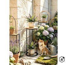 Porte plantes en métal avec étagères en bois dans un jardin avec plantes en pot lavande hortensias et un chien. (Image AI modified or generated)