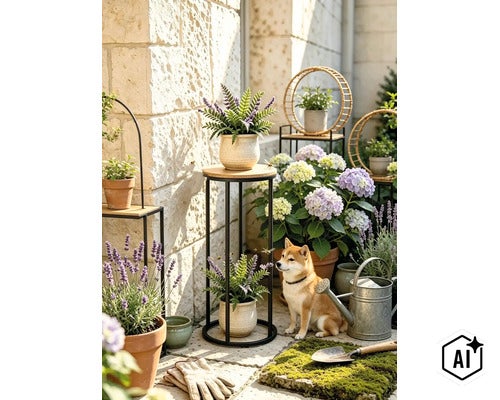 Porte plantes en métal avec étagères en bois dans un jardin avec plantes en pot lavande hortensias et un chien. (Image AI modified or generated)