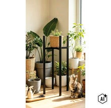 Un porte-plante haut en métal noir est placé dans un espace de vie lumineux, entouré de diverses plantes d’intérieur en pot et d’un chat. (Image AI modified or generated)