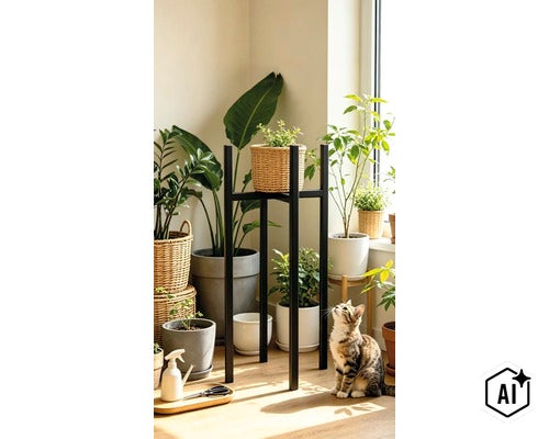 Un porte-plante haut en métal noir est placé dans un espace de vie lumineux, entouré de diverses plantes d’intérieur en pot et d’un chat. (Image AI modified or generated)