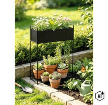 Schwarzes Metall Pflanzenregal mit integriertem Blumenkasten und Stellfläche für Tontöpfe im Garten. (Image AI modified or generated)