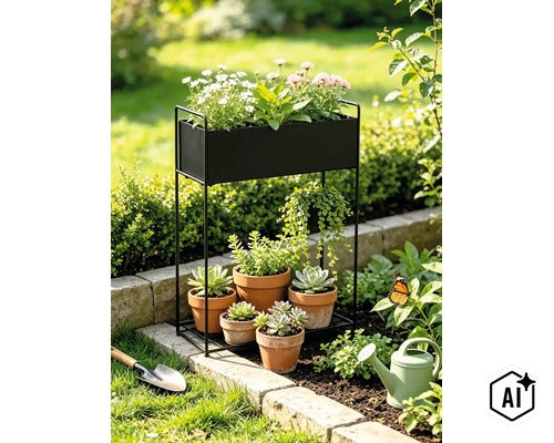Schwarzes Metall Pflanzenregal mit integriertem Blumenkasten und Stellfläche für Tontöpfe im Garten. (Image AI modified or generated)