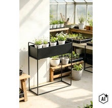 Un support de fleurs rectangulaire haut en métal avec une jardinière contenant plusieurs pots de fleurs dans une serre. (Image AI modified or generated)