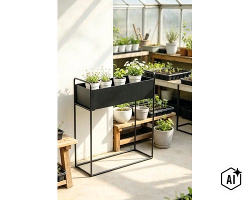 Un support de fleurs rectangulaire haut en métal avec une jardinière contenant plusieurs pots de fleurs dans une serre. (Image AI modified or generated)