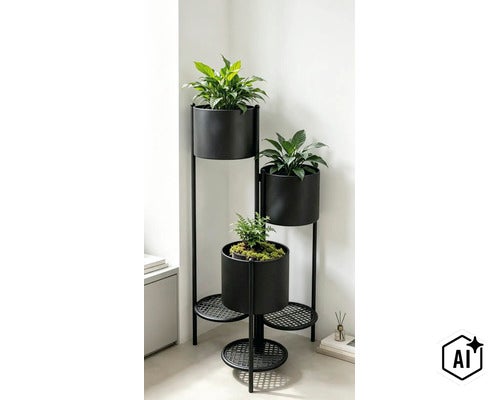 Support pour plantes robuste en métal à trois niveaux avec cache-pots intégrés pour une présentation organisée de plantes d'intérieur. (Image AI modified or generated)