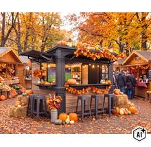 Herbstlicher Marktstand im Freien mit Kürbissen, Strohballen und Barhockern, dekoriert mit herbstlichen Blättern vor einem Wald im Herbst. (Image AI modified or generated)
