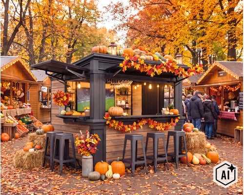 Herbstlicher Marktstand im Freien mit Kürbissen, Strohballen und Barhockern, dekoriert mit herbstlichen Blättern vor einem Wald im Herbst. (Image AI modified or generated)