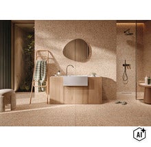 Salle de bain moderne avec carrelage style terrazzo, meuble vasque en bois, lavabo blanc, miroir organique et douche à l'italienne. (Image AI modified or generated)