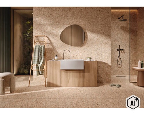 Salle de bain moderne avec carrelage style terrazzo, meuble vasque en bois, lavabo blanc, miroir organique et douche à l'italienne. (Image AI modified or generated)