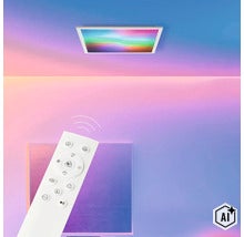 Plafonnier LED carré avec télécommande pour le contrôle de la lumière couleur RGB et de l intensité lumineuse. (Image AI modified or generated)
