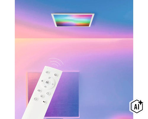 Plafonnier LED carré avec télécommande pour le contrôle de la lumière couleur RGB et de l intensité lumineuse. (Image AI modified or generated)