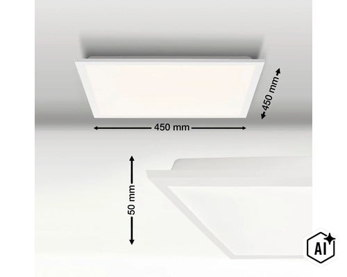 Plafonnier LED carré avec des dimensions de 450 par 450 par 50 millimètres (Image AI modified or generated)
