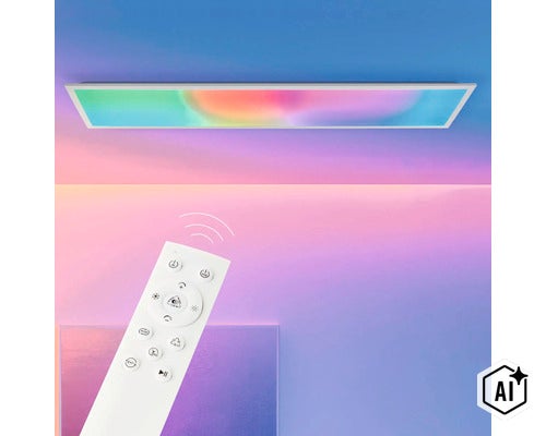 Rechteckiges LED Deckenpaneel mit Fernbedienung zur Steuerung von RGB und Lichtfarbe (Image AI modified or generated)