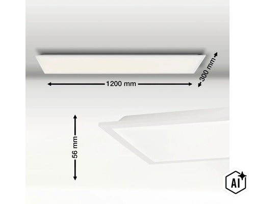 Rechteckiges LED Panel mit Maßangaben 1200 mm Länge, 300 mm Breite und 56 mm Höhe. (Image AI modified or generated)