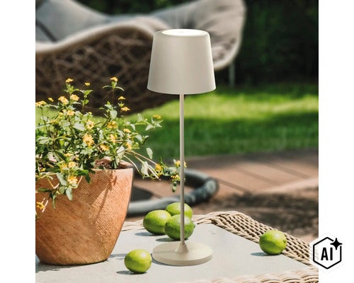 Lampe de table LED sans fil moderne sur une table de jardin à côté d'un pot de fleurs avec des fleurs jaunes et des citrons verts à l'extérieur. (Image AI modified or generated)