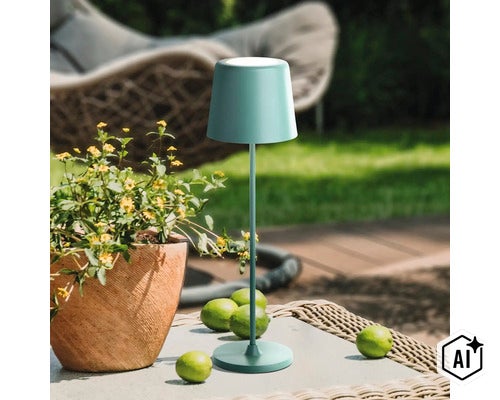 Lampe de table LED moderne pour le jardin avec pied fin et abat jour conique sur une table de jardin avec une plante et des citrons verts. (Image AI modified or generated)