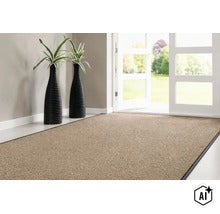 Un tapis de propreté de haute qualité dans une entrée devant une porte-fenêtre ouverte avec deux vases décoratifs. (Image AI modified or generated)