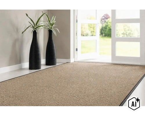 Un tapis de propreté de haute qualité dans une entrée devant une porte-fenêtre ouverte avec deux vases décoratifs. (Image AI modified or generated)