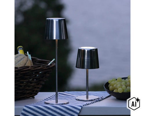 Zwei moderne, schlanke LED Tischleuchten aus Metall auf einem gedeckten Tisch im Freien. (Image AI modified or generated)
