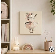 Wandbild für Kinderzimmer mit tanzendem Zebra im Tutu im Format 30 mal 30 Zentimeter. (Image AI modified or generated)