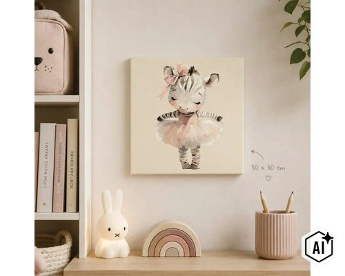 Wandbild für Kinderzimmer mit tanzendem Zebra im Tutu im Format 30 mal 30 Zentimeter. (Image AI modified or generated)
