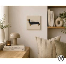 Wandbild mit Dackel Illustration und Schriftzug Happy long weekend in einem modern eingerichteten Wohnbereich mit Dekoartikeln. (Image AI modified or generated)