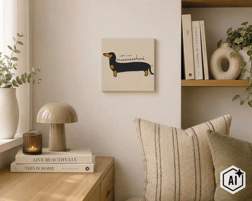 Wandbild mit Dackel Illustration und Schriftzug Happy long weekend in einem modern eingerichteten Wohnbereich mit Dekoartikeln. (Image AI modified or generated)