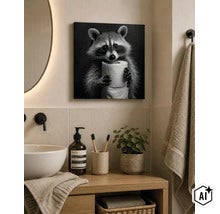 Wandbild mit Waschbär Motiv über einem Badezimmerwaschtisch mit Holzplatte und Waschbecken. (Image AI modified or generated)