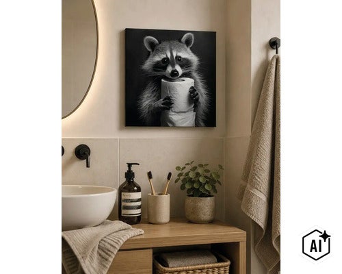 Wandbild mit Waschbär Motiv über einem Badezimmerwaschtisch mit Holzplatte und Waschbecken. (Image AI modified or generated)