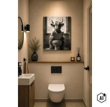 Modernes Gäste WC mit Wandbild eines Hochlandrinds auf der Toilette, hängendem WC, Waschbecken und Spiegel in einem minimalistischen Design. (Image AI modified or generated)