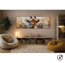 Wandbild mit Giraffenmotiv in Brille in einem modernen Kinderzimmer mit Sitzmöbeln und Regal. (Image AI modified or generated)